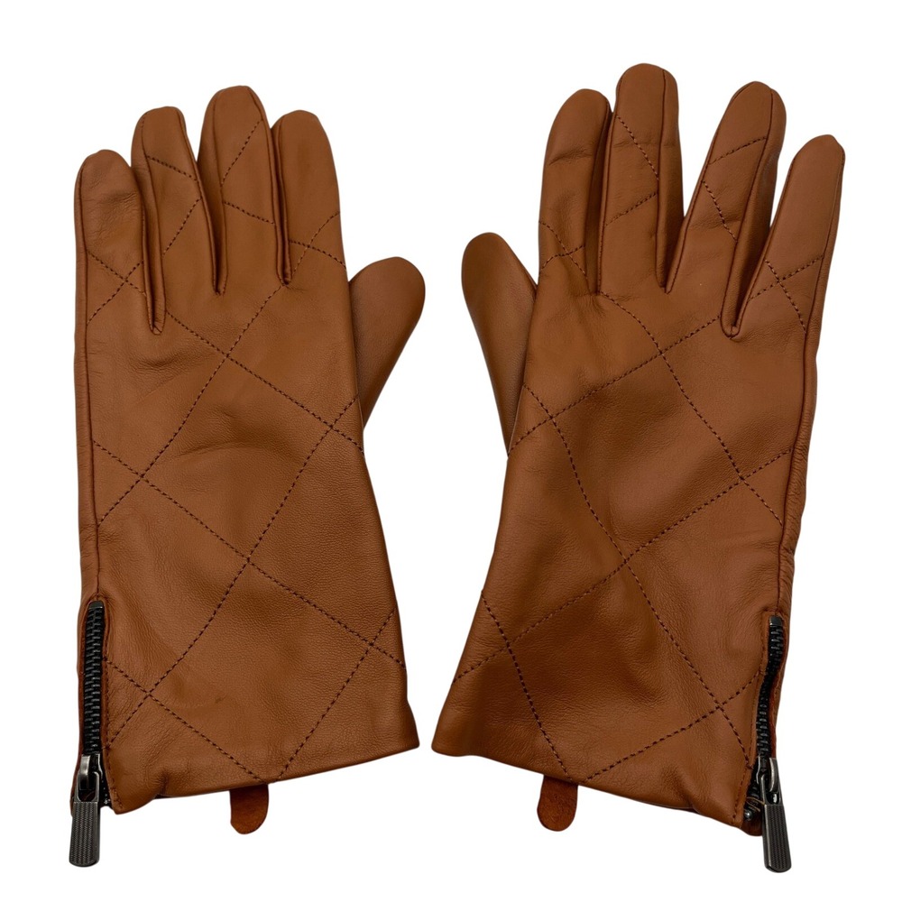 Chico's Gloves Women L/G Brown Leather Quilted Tech Friendly Zippered Moto Style - Picture 1 of 10